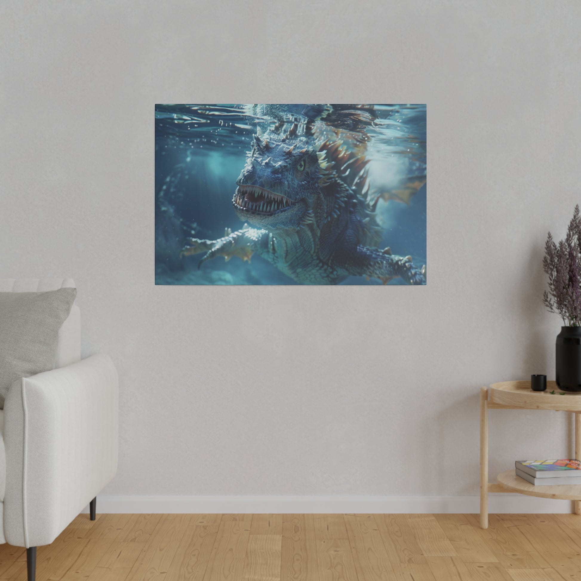 Poster of a blue dragon swimming underwater, mounted on a light gray wall in a minimalist living room.