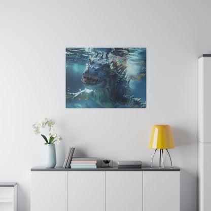 Blue dragon poster underwater facing forward mounted on a white wall above a gray-topped white cabinet with a yellow lamp, books, and a