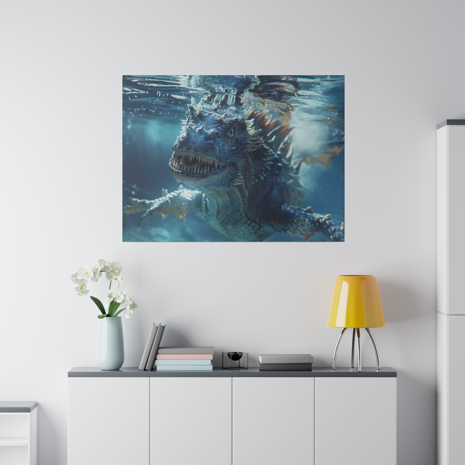 Square wall art of a blue underwater dragon, open-mouthed and swimming toward the viewer.