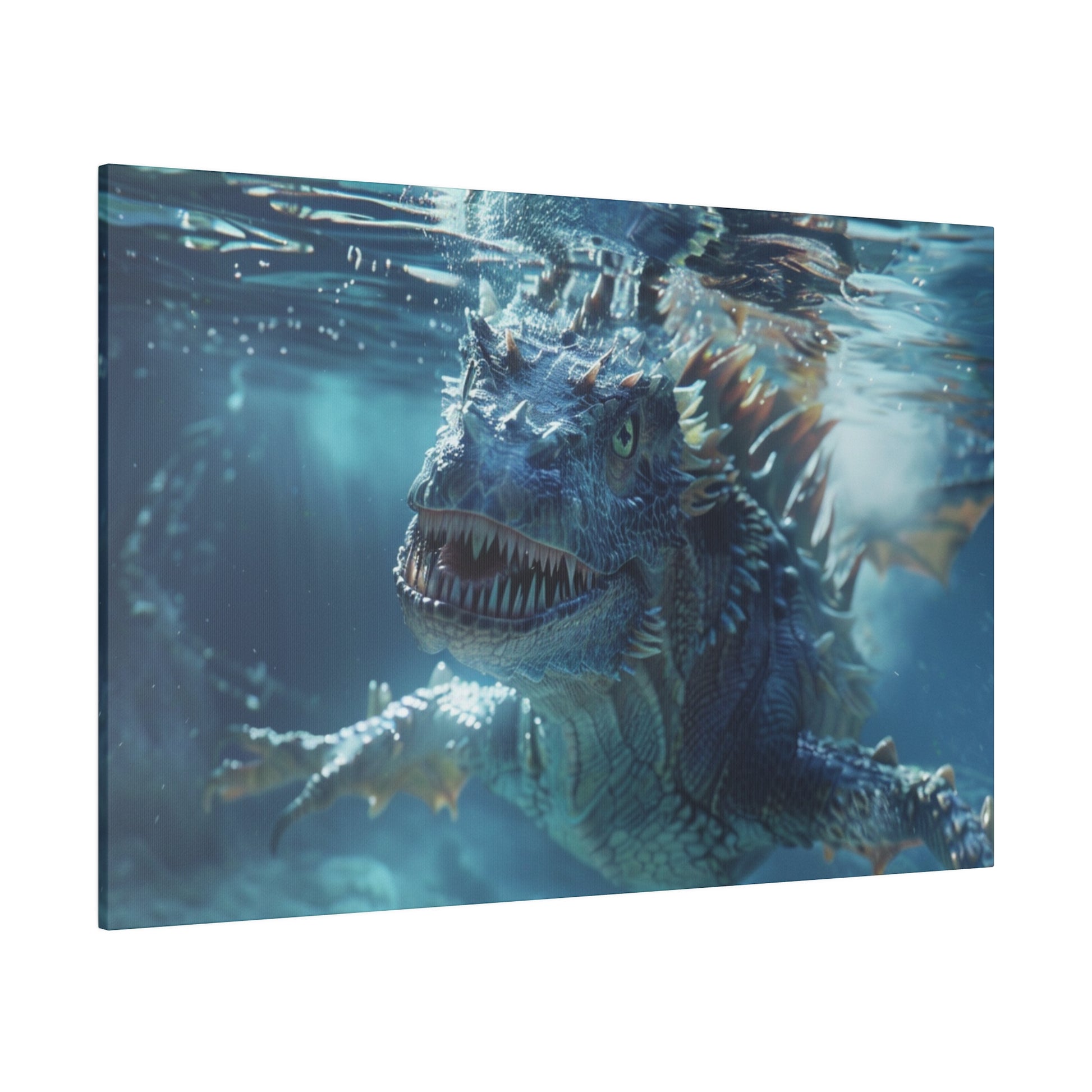 Underwater view of a blue, spiked dinosaur-like creature with sharp teeth swimming toward the camera.