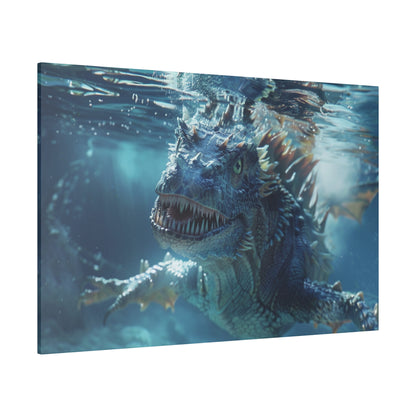 Underwater view of a blue, spiked dinosaur-like creature with sharp teeth swimming toward the camera.