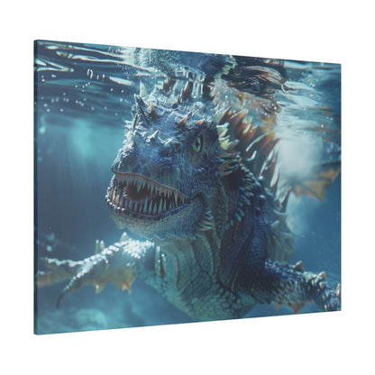 Underwater view of a blue, scaly dragon toy with sharp teeth and spiky fins, swimming toward the camera.