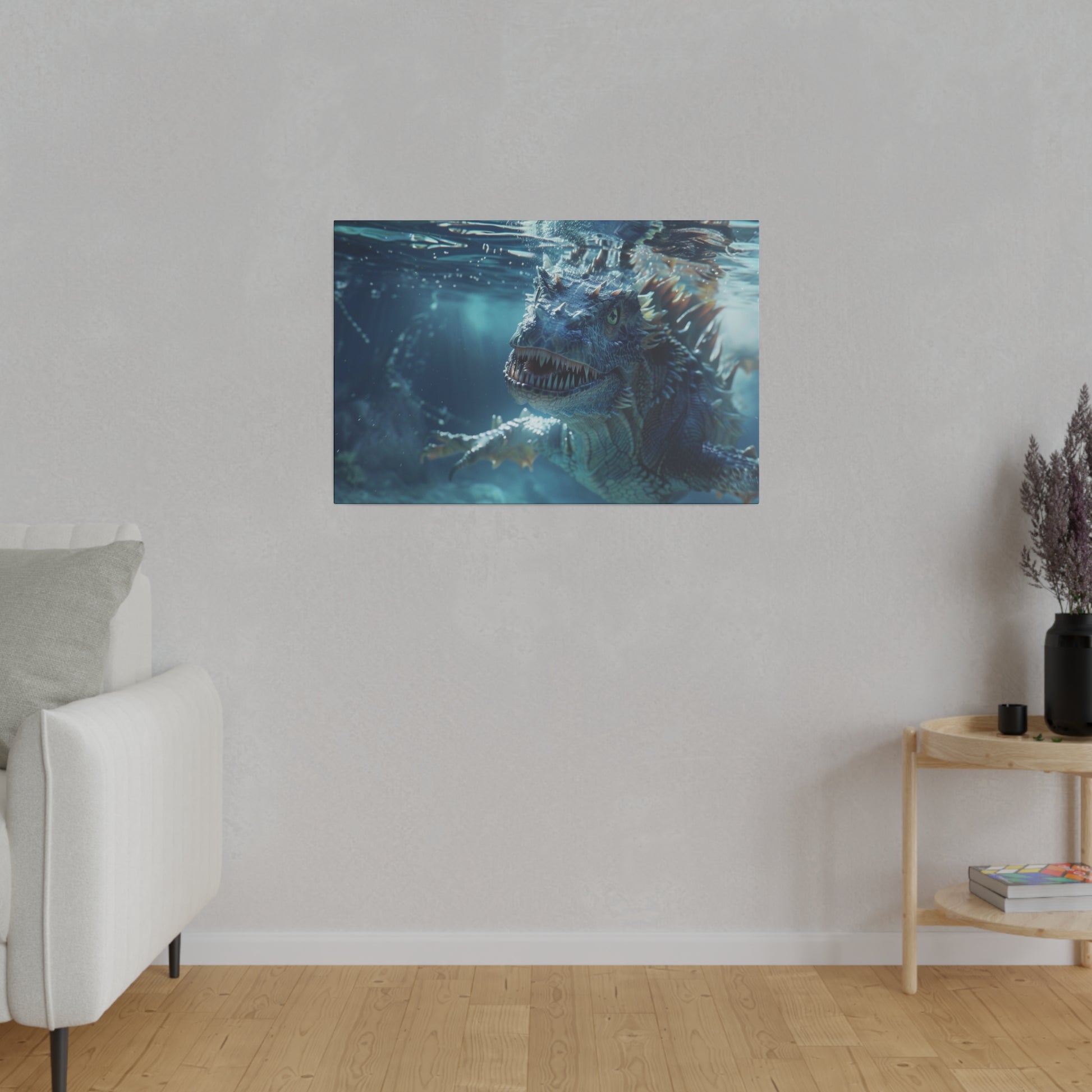 Blue underwater dragon poster mounted on a light gray wall above a wooden floor.