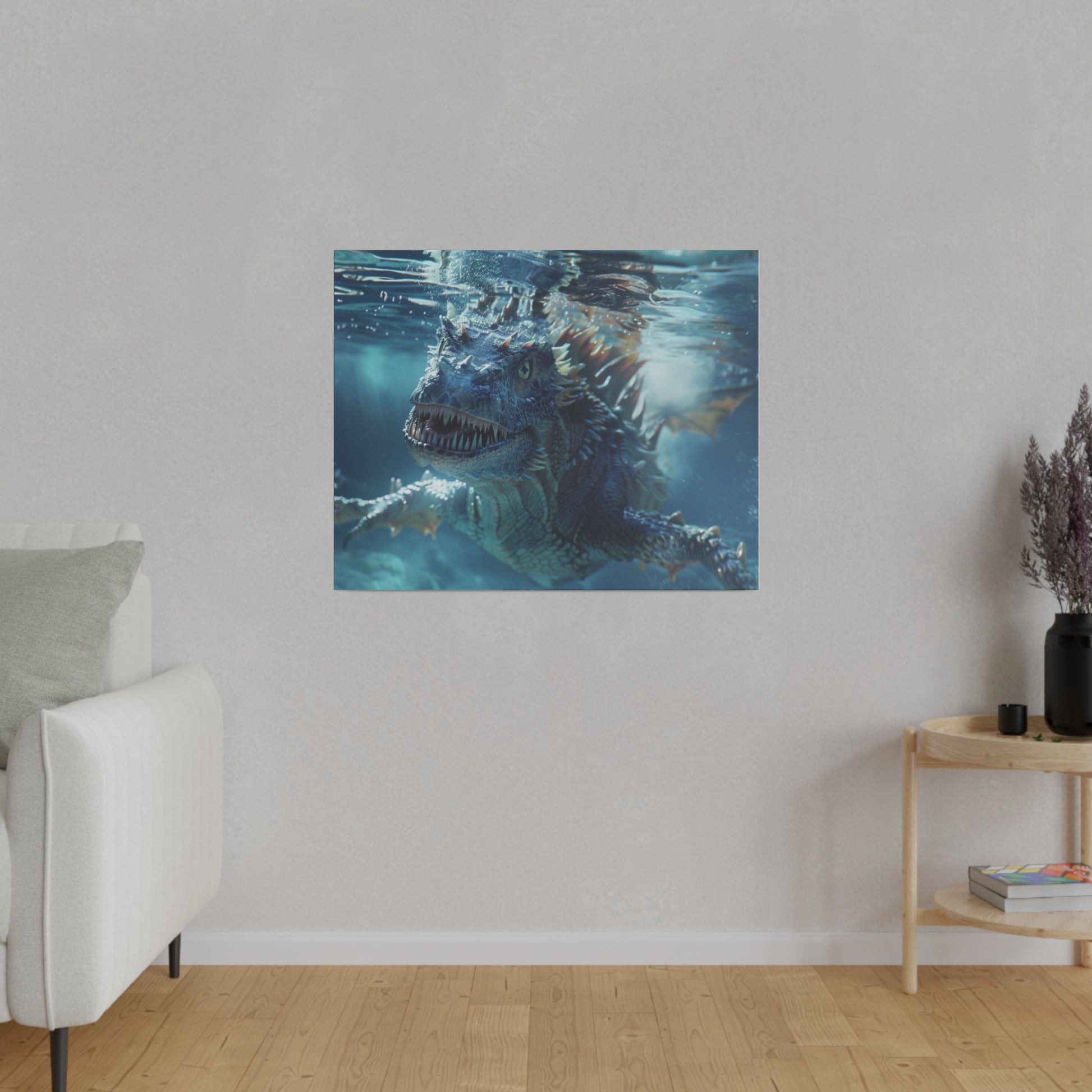 Square canvas print of a blue dragon underwater, hung on a light gray wall above a wooden floor.