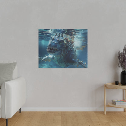 Square canvas print of a blue dragon underwater, hung on a light gray wall above a wooden floor.