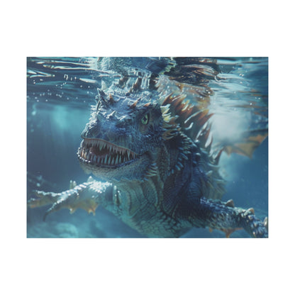 Blue aquatic dinosaur with sharp teeth swims underwater toward the viewer.