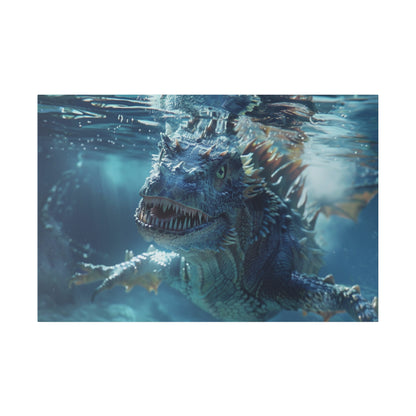 Blue dragon figure underwater with spiky fins and sharp teeth, facing the camera.