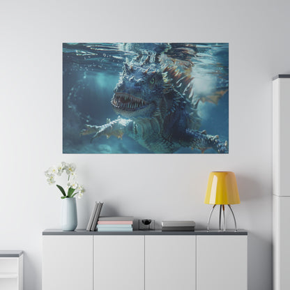Wall art print of a blue underwater dragon with sharp teeth, hung above a white cabinet in a modern room.