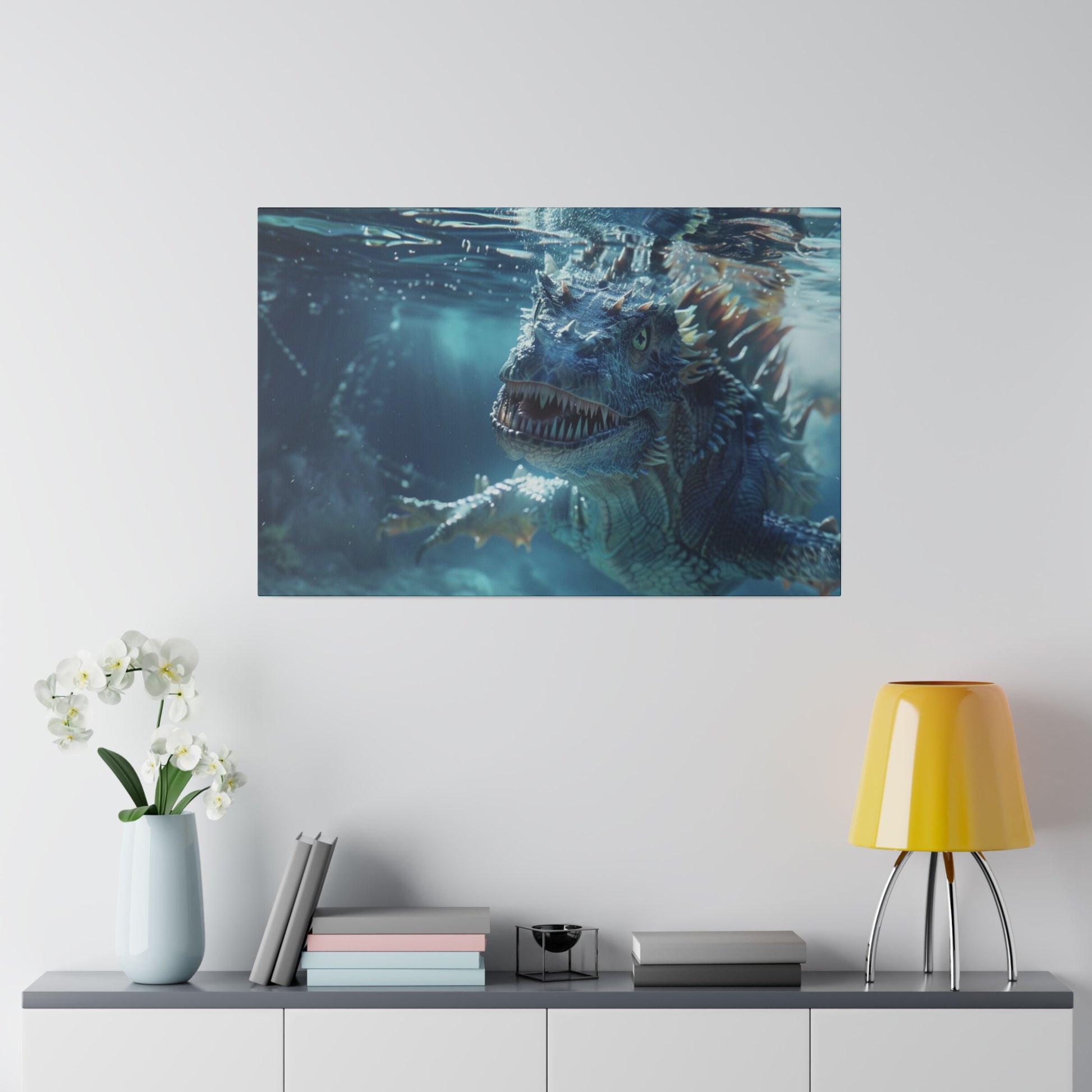 Blue, spiky underwater dinosaur with sharp teeth depicted in wall art hanging above a cabinet.