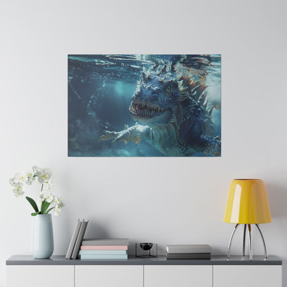 Blue, spiky underwater dinosaur with sharp teeth depicted in wall art hanging above a cabinet.