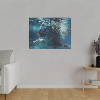 Blue dragon underwater wall art print mounted on a light gray wall in a living room.