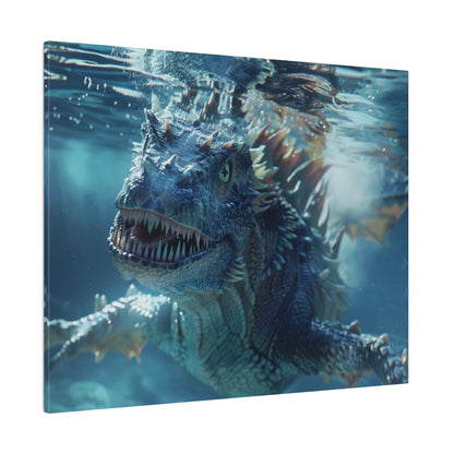 Underwater view of a blue, spiky-scaled dinosaur with sharp teeth and open mouth facing the camera.