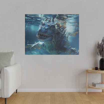 Square wall art depicting a blue aquatic dinosaur with sharp teeth, swimming underwater.