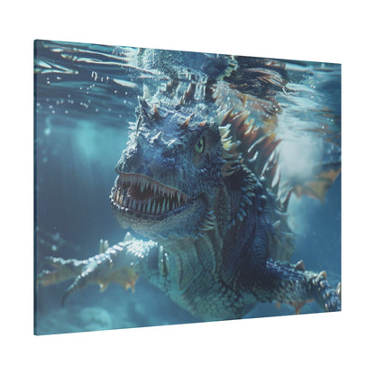 Blue, spiky-skinned aquatic dinosaur with sharp teeth and fins, swimming toward the camera.