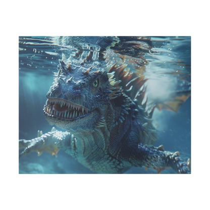 Blue-gray, spiky-skinned sea dragon with sharp teeth swims underwater toward the camera.