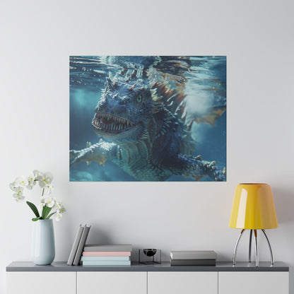 Square wall art of a blue dragon underwater, with sharp teeth, spiky fins, and bubbles.