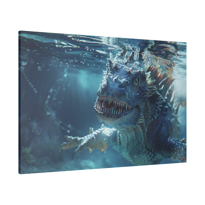 Blue Spinosaurus-style dinosaur with sharp teeth and spiky plates swims underwater, light filtering through the blue water.