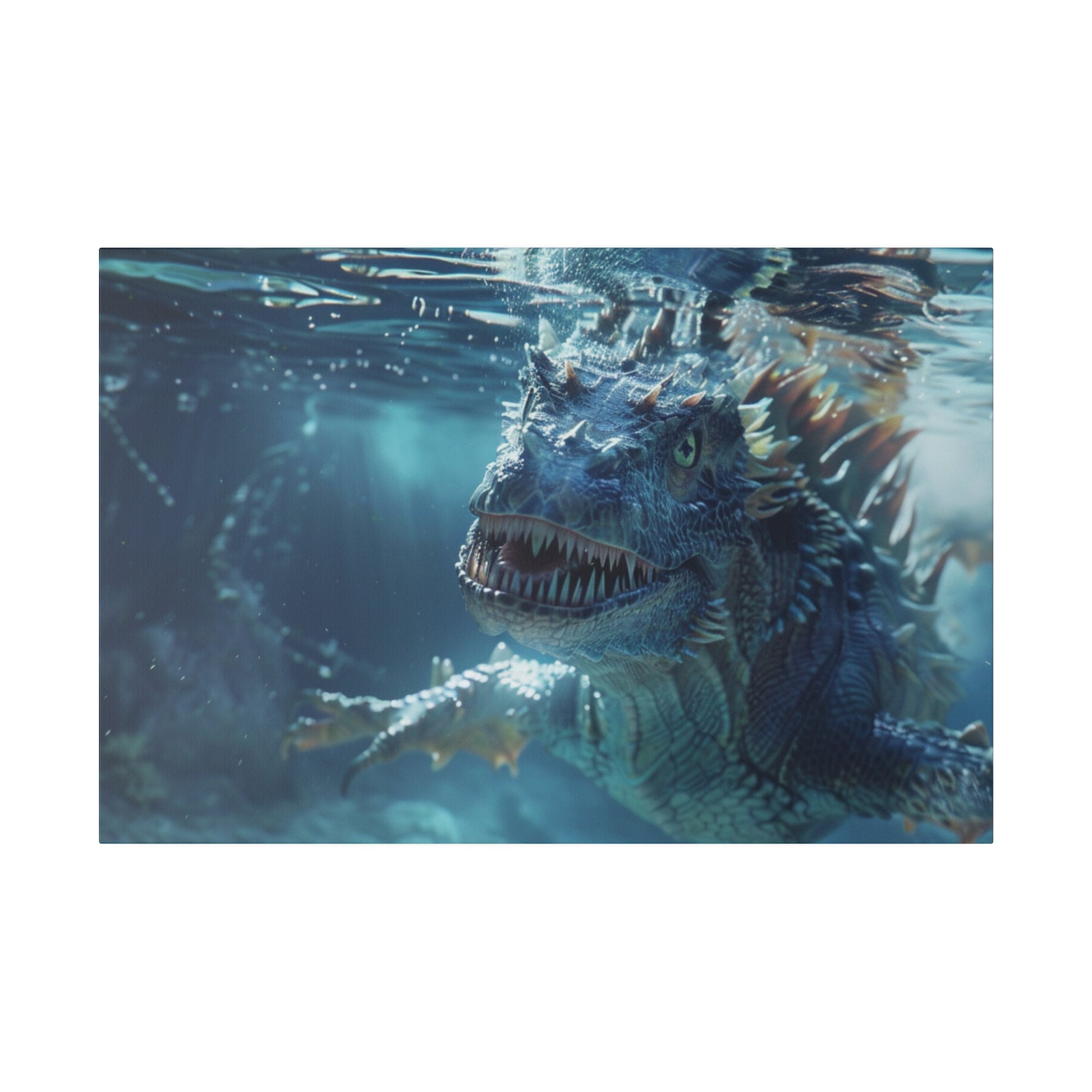 Blue underwater dinosaur with spikes and sharp teeth swimming toward the camera.