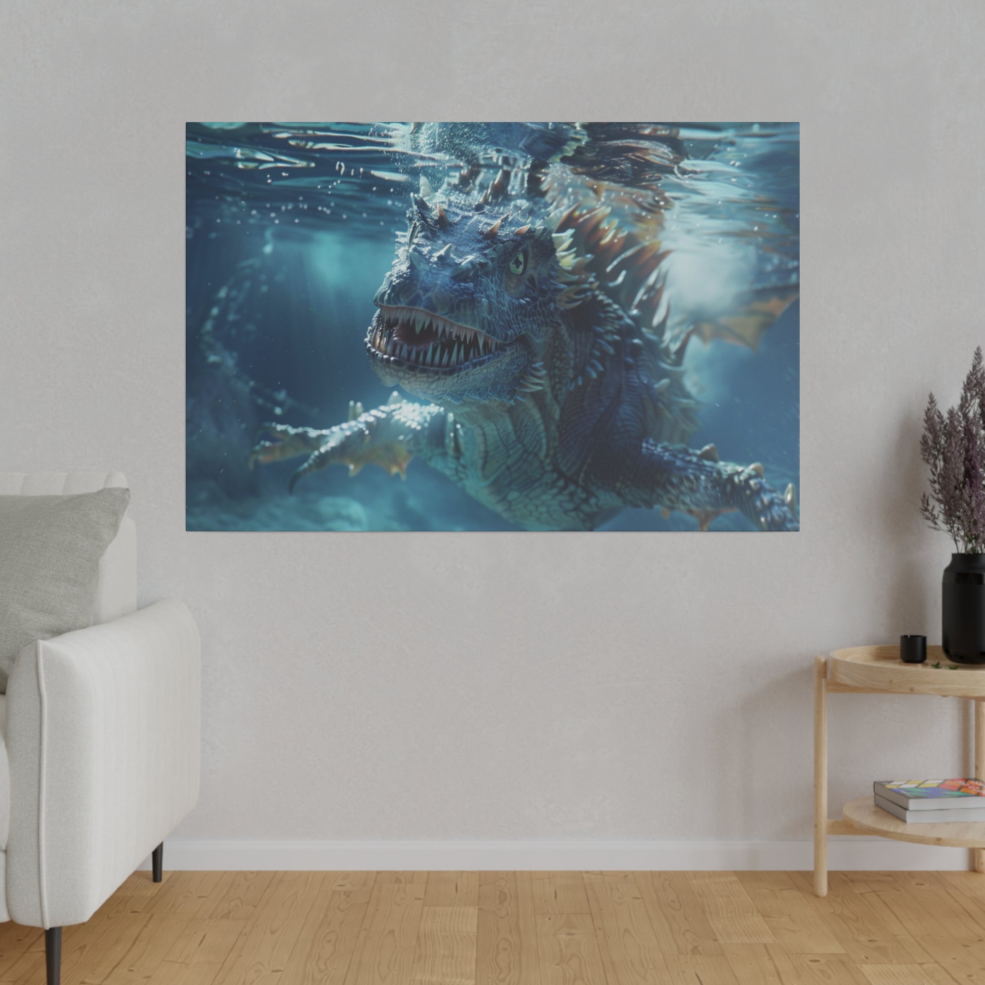 Poster showing a blue dragon underwater, with sharp teeth, scales and fins visible.