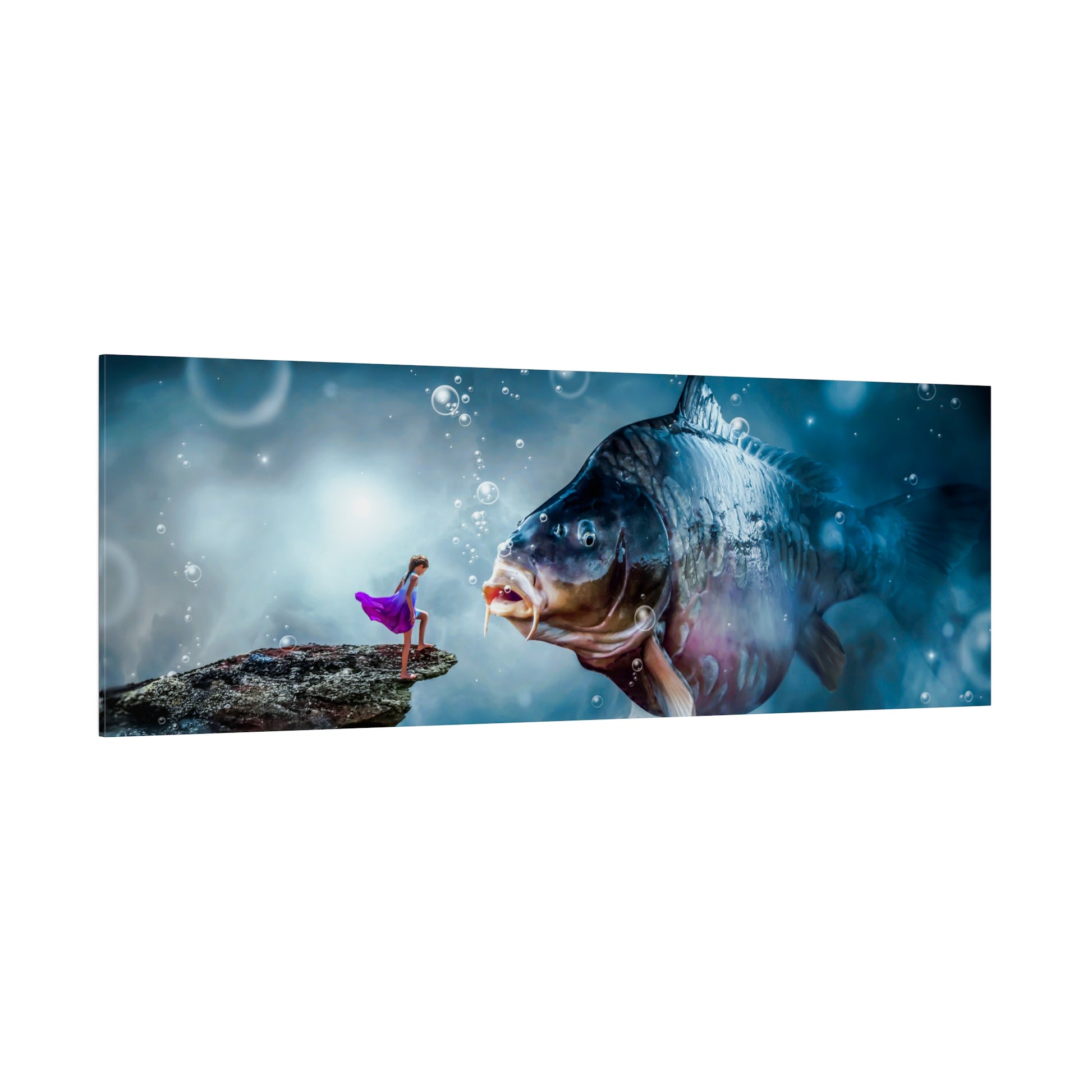 An underwater fantasy illustration with a girl in a purple dress standing on a rock, facing a giant fish. The scene is filled with bubbles, giving it a surreal and dreamy feel.