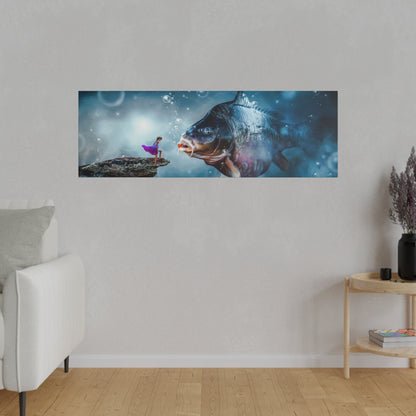 Rectangular underwater scene poster: a girl in a purple dress on a rock facing a large fish amid bubbles.