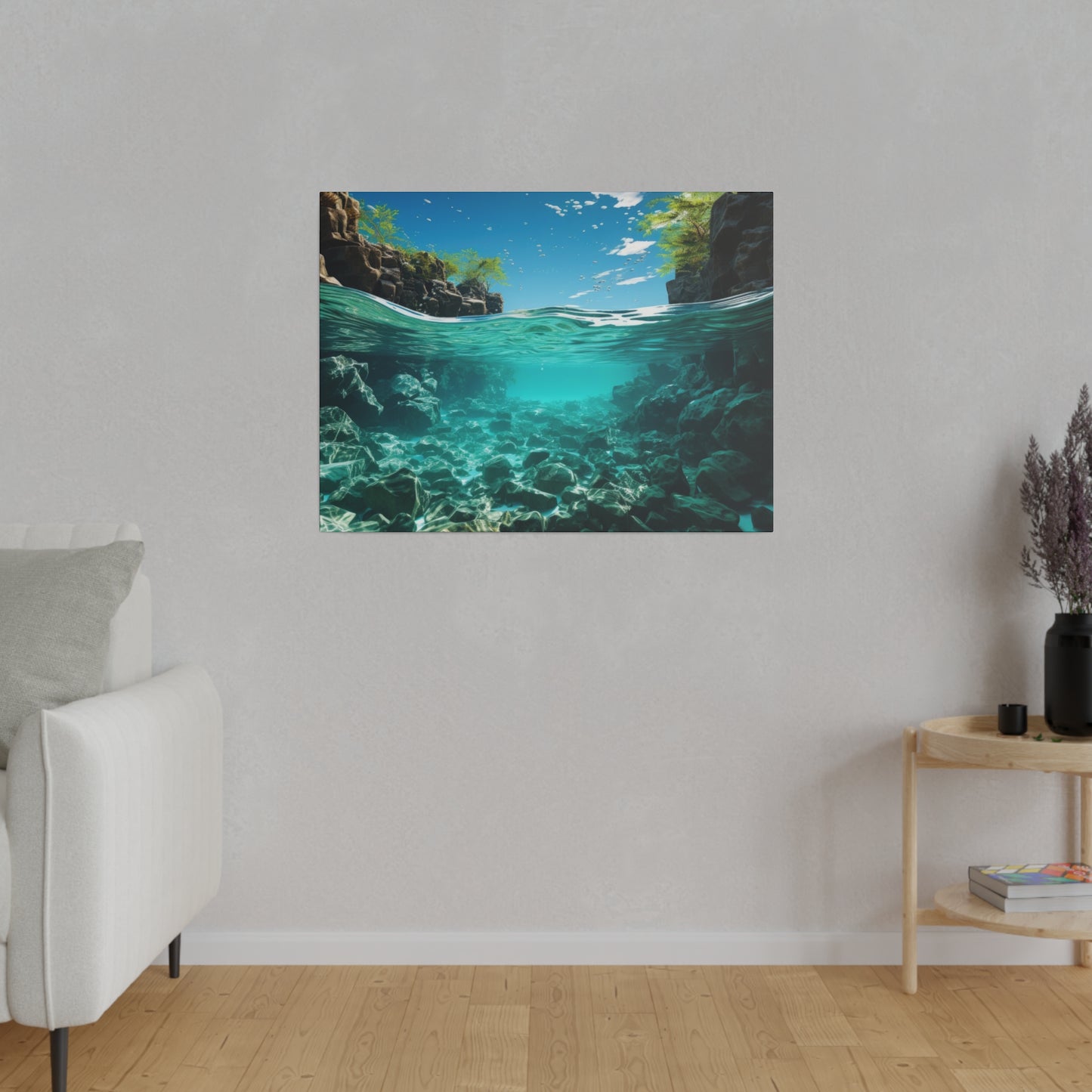 An underwater river landscape with crystal clear water, showcasing the rocky riverbed and lush greenery along the banks. The clarity of the water is breathtaking.