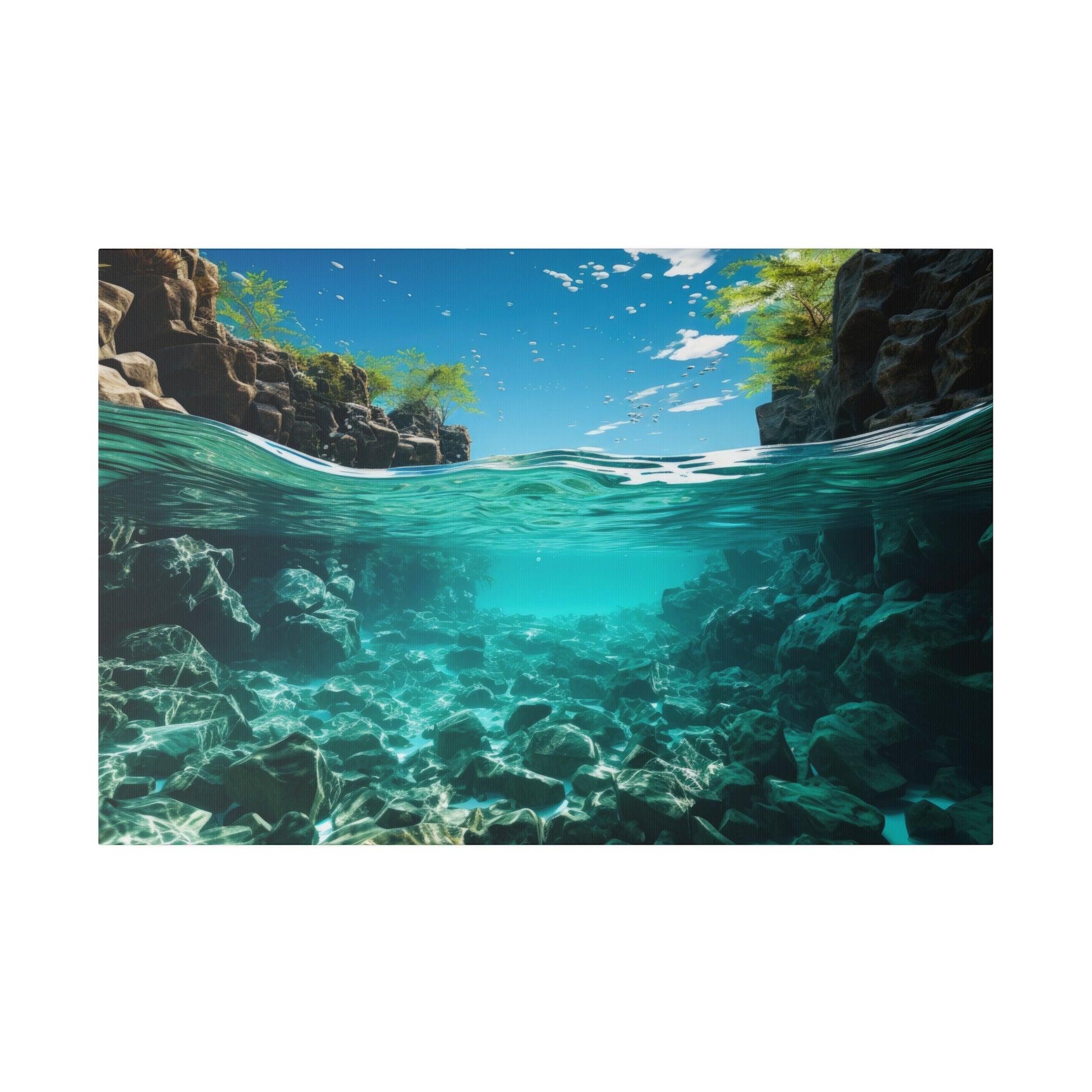 Underwater view of a rocky turquoise riverbed with clear water, exposing stones and submerged plants, with rocks and trees above.