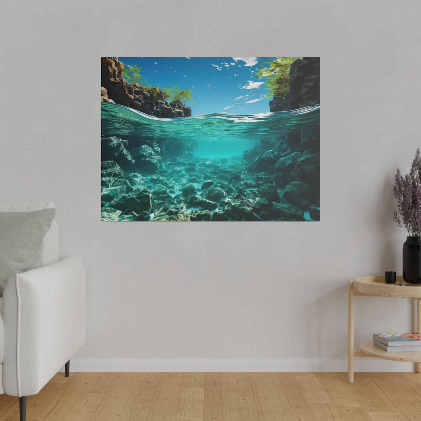 A captivating underwater scene in a rocky river, with crystal clear water showcasing the rocks and plants beneath the surface. The clarity of the water is stunning.