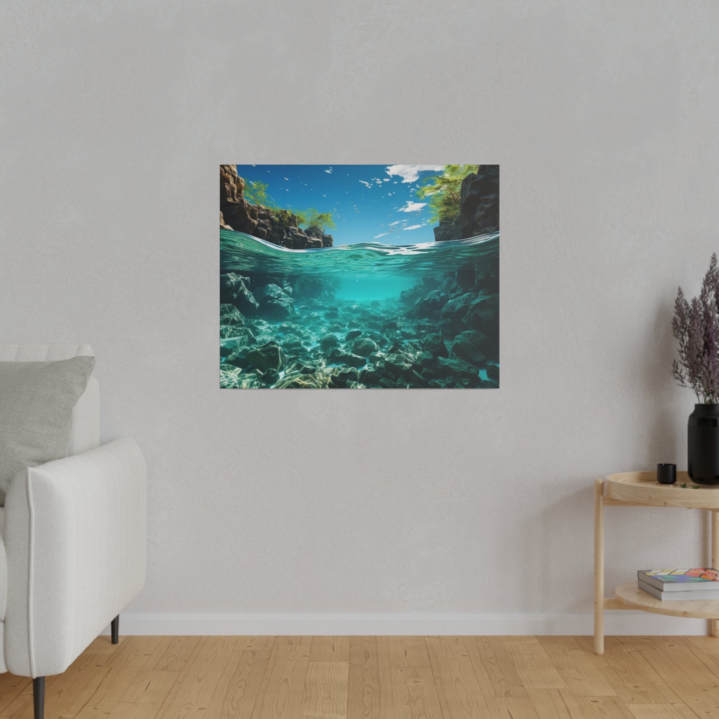 An underwater view of a river, showing clear turquoise water with rocks and plants visible beneath the surface. The scene is serene and captivating.