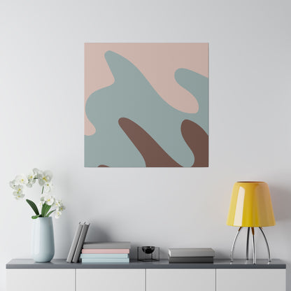 Square abstract art print on a white wall with pink, blue, and brown organic shapes.