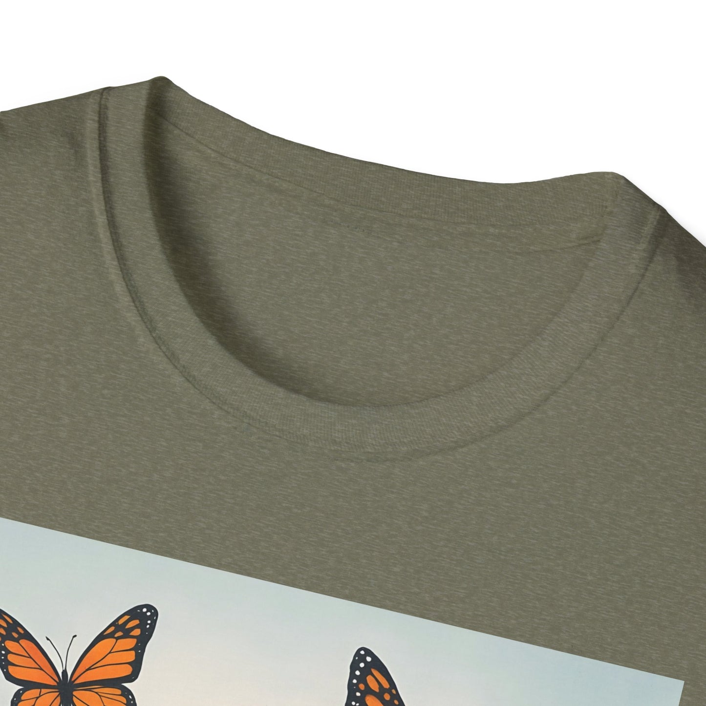 Olive green crewneck T-shirt neckline with heathered fabric; bottom edge shows a butterfly poster.