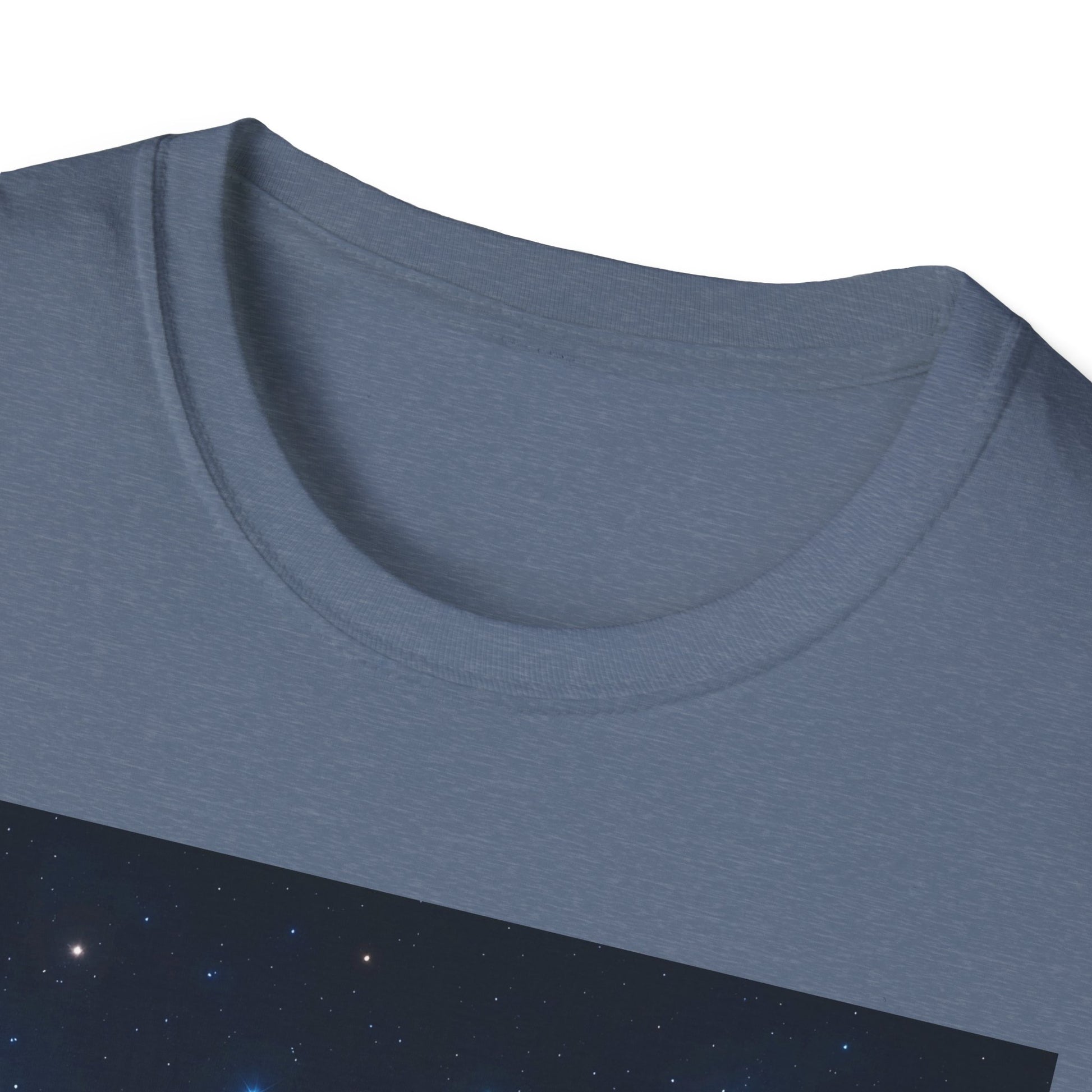 Blue crew-neck T-shirt with a subtle heather texture and a dark galaxy print along the lower front.