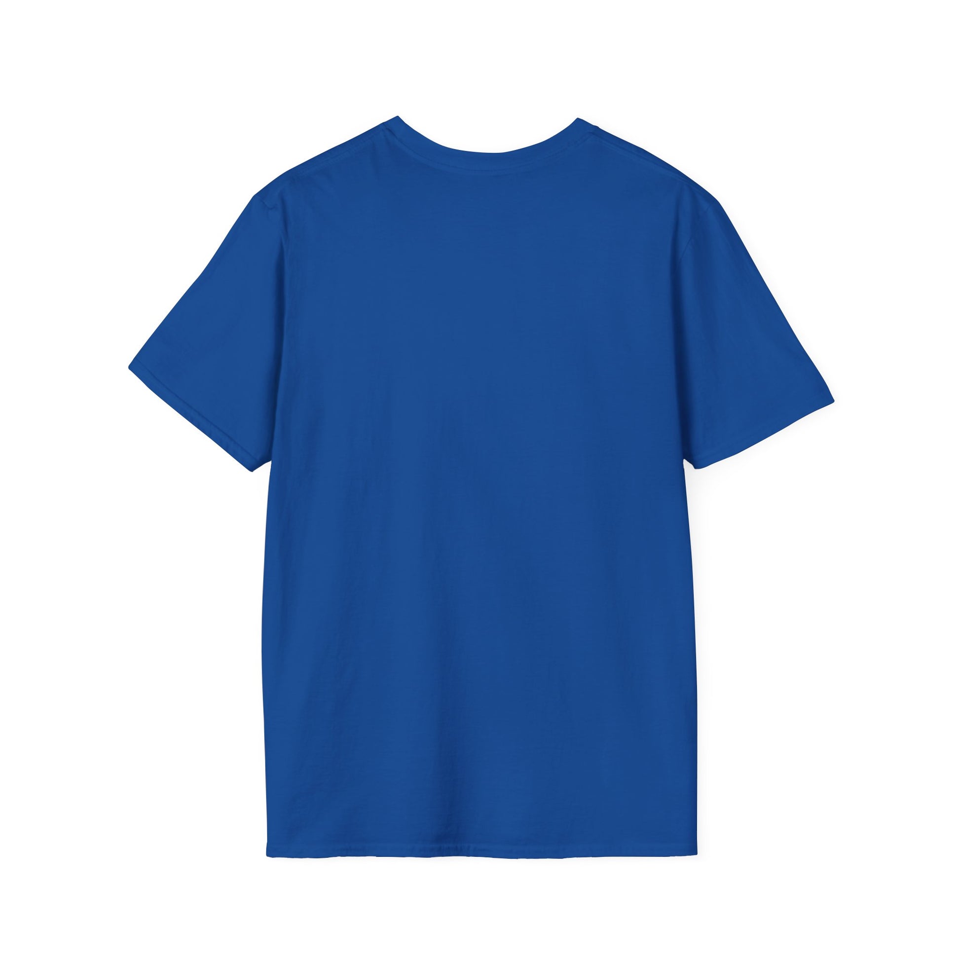 Back view of a plain blue short-sleeve crew-neck T-shirt with no visible logos or patterns.