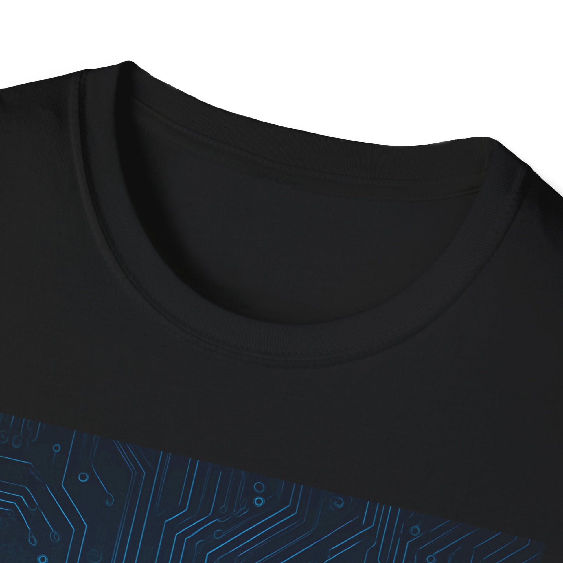 Black crew-neck T-shirt with a blue circuit-board pattern across the front.