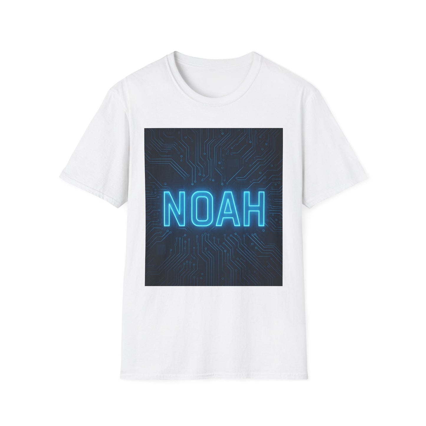 White T-shirt featuring a square graphic of a dark blue circuit board background with bright neon blue NOAH text.