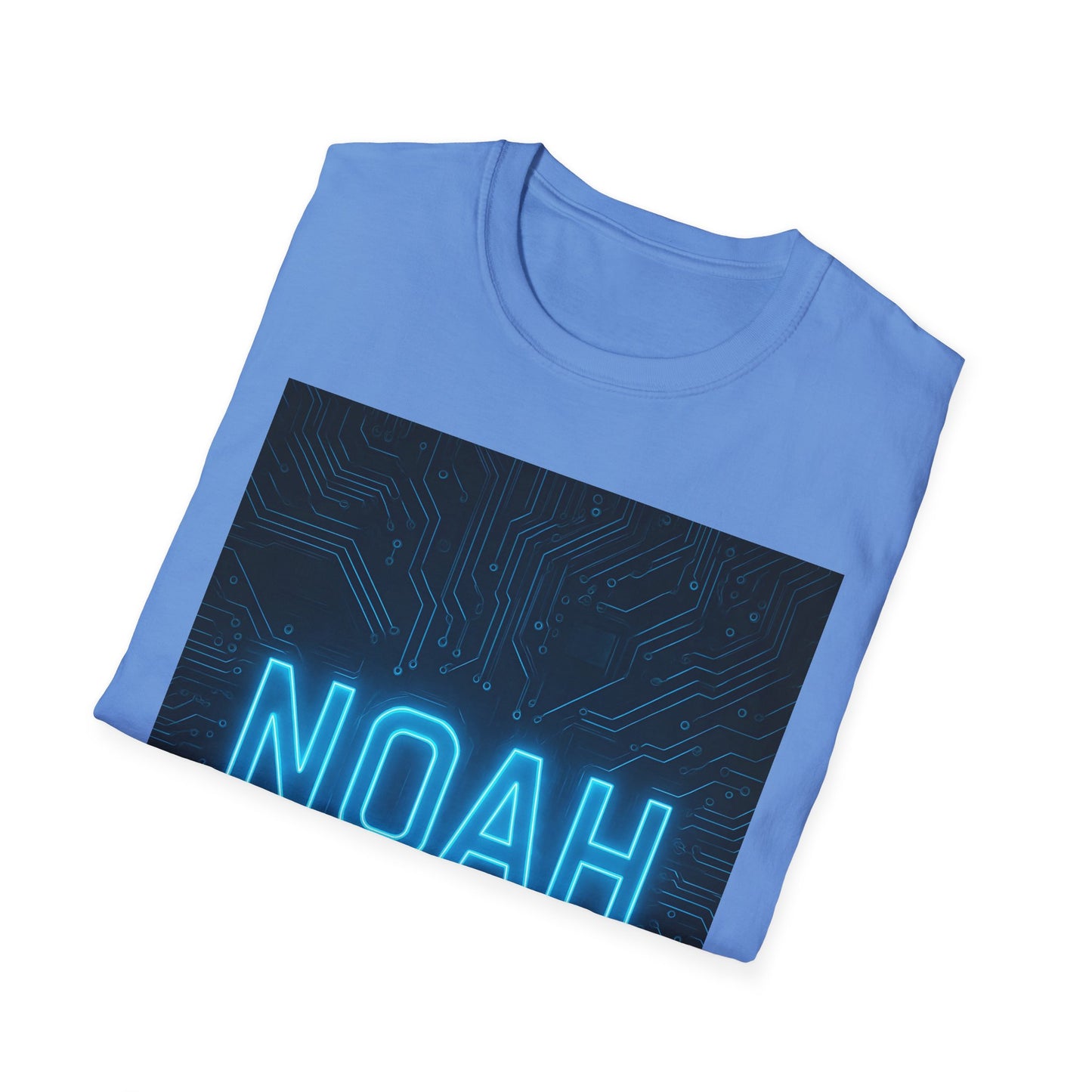 Light blue T-shirt folded, featuring a dark rectangular circuit-board graphic with glowing blue "NOAH" text.