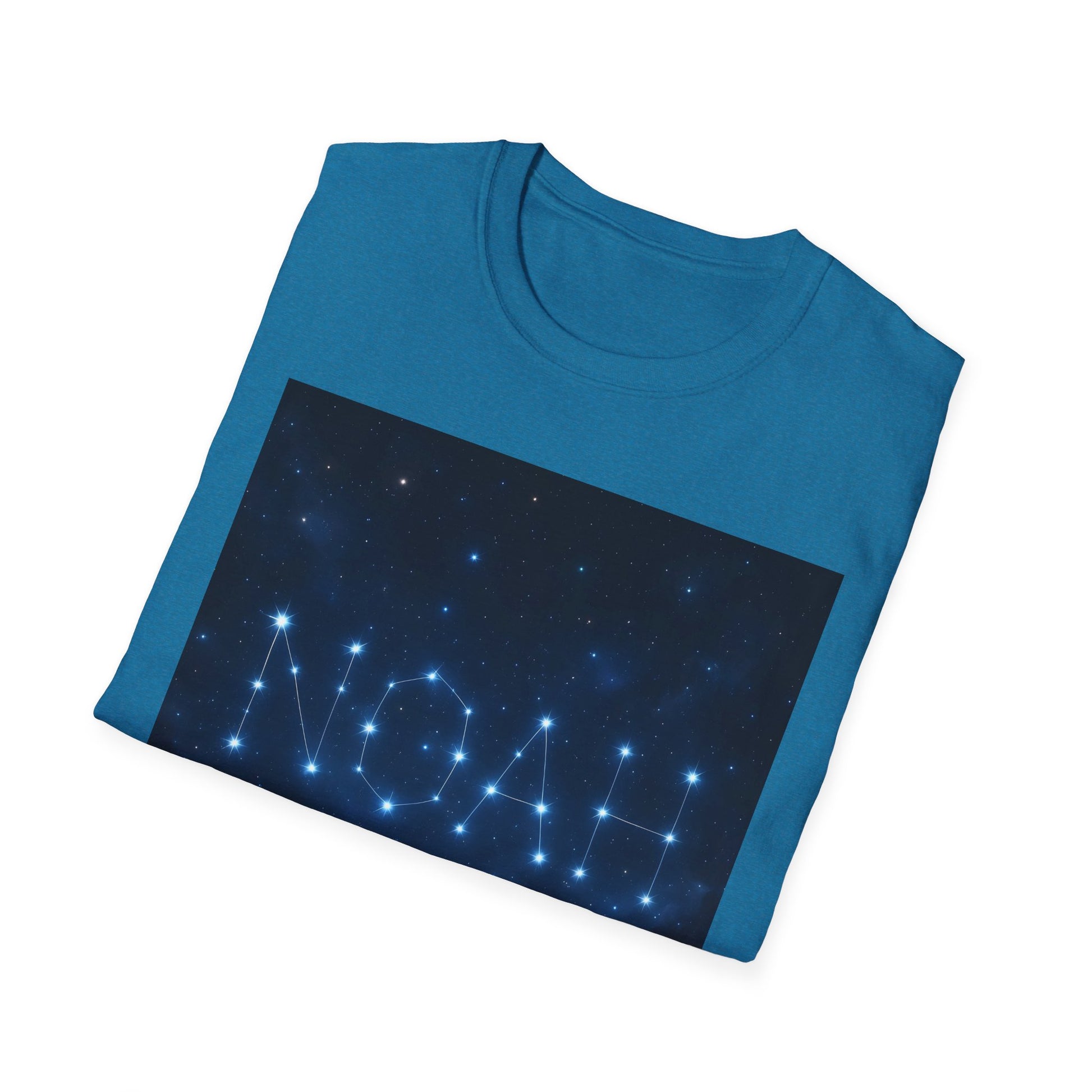 Blue short-sleeve T-shirt featuring a dark rectangular starry sky panel with constellation lines forming the word Nova.