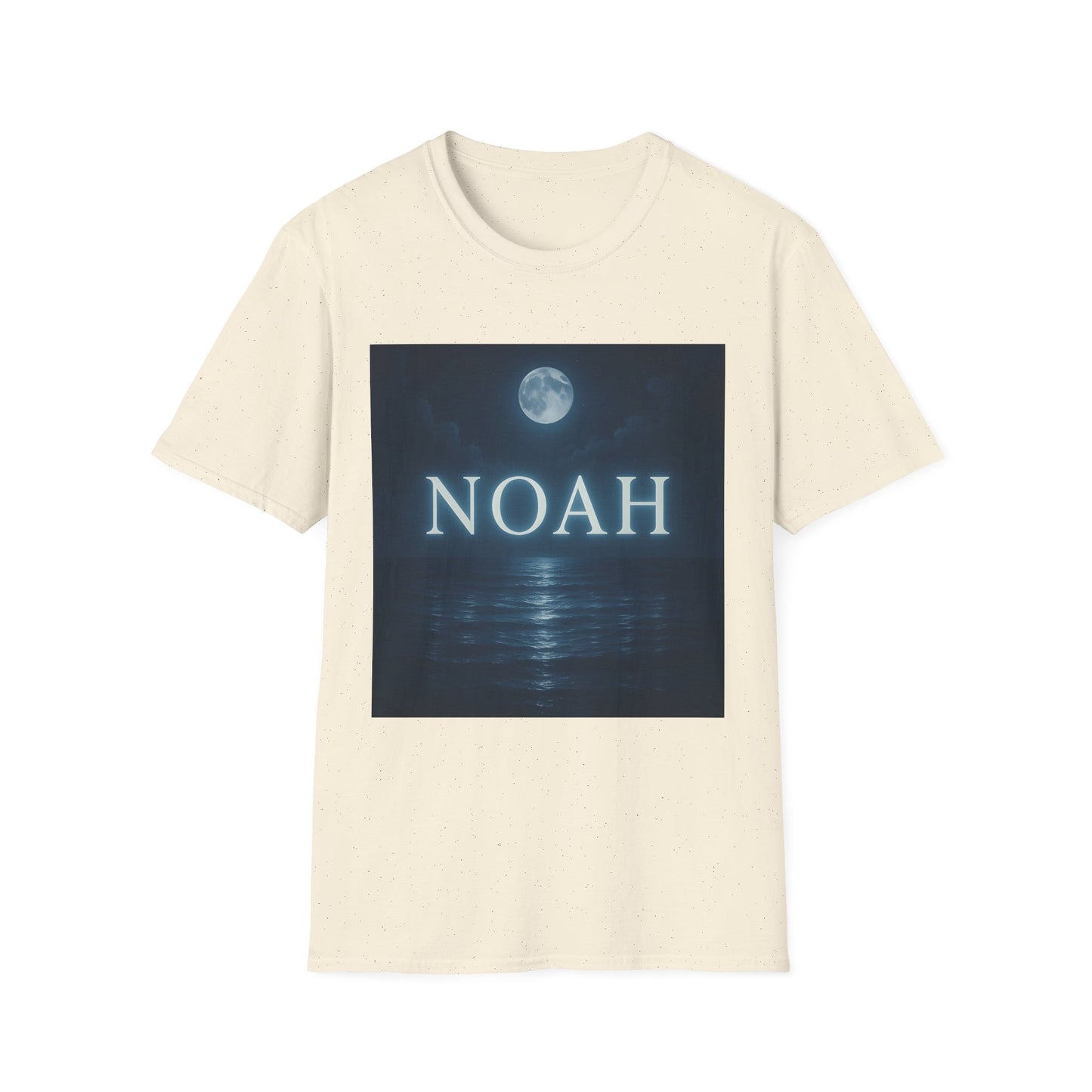 Beige speckled cotton T-shirt featuring a square graphic of a moonlit ocean and the word NOAH in bold white letters.