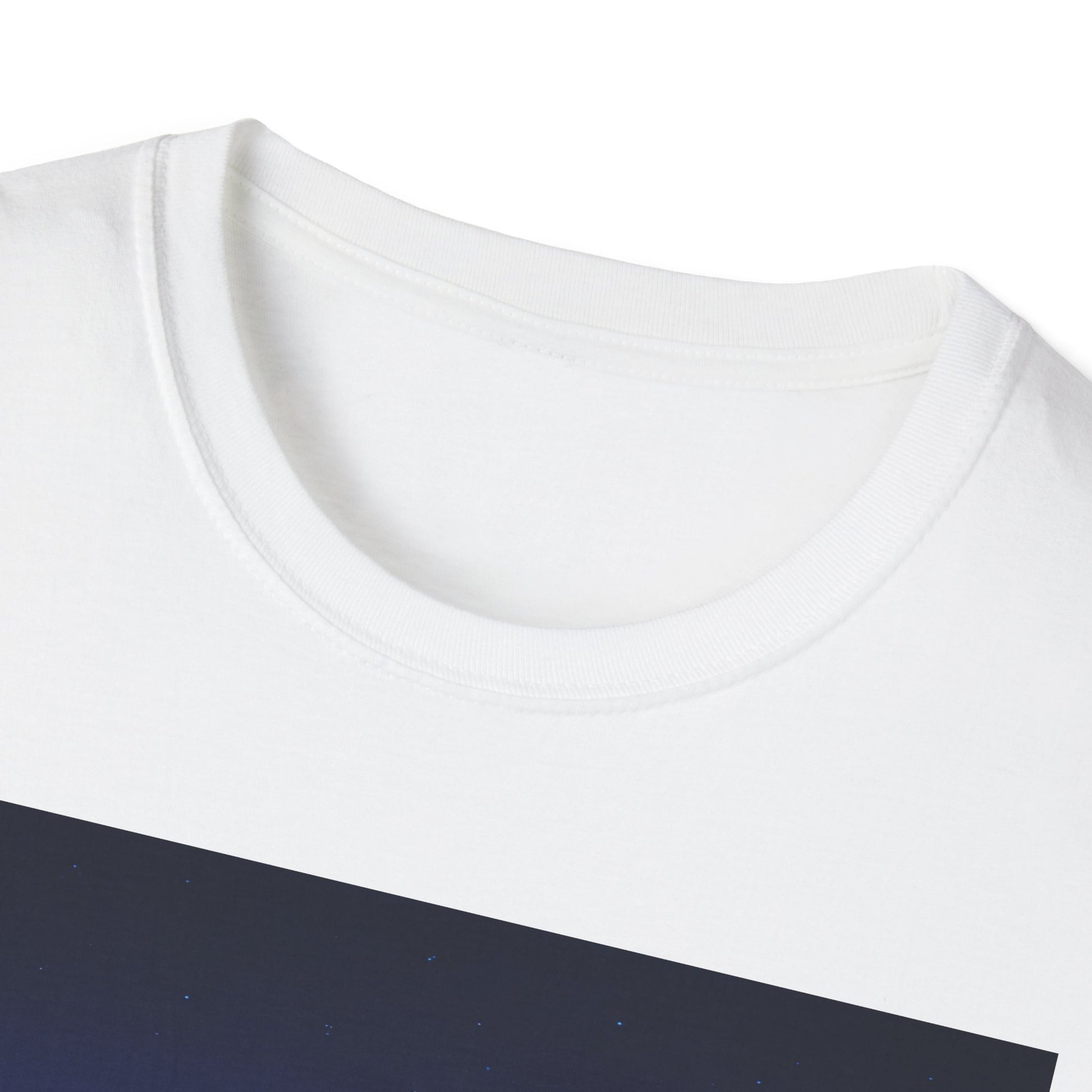 Close-up of a white crew-neck T-shirt with a dark navy diagonal panel containing small light specks.
