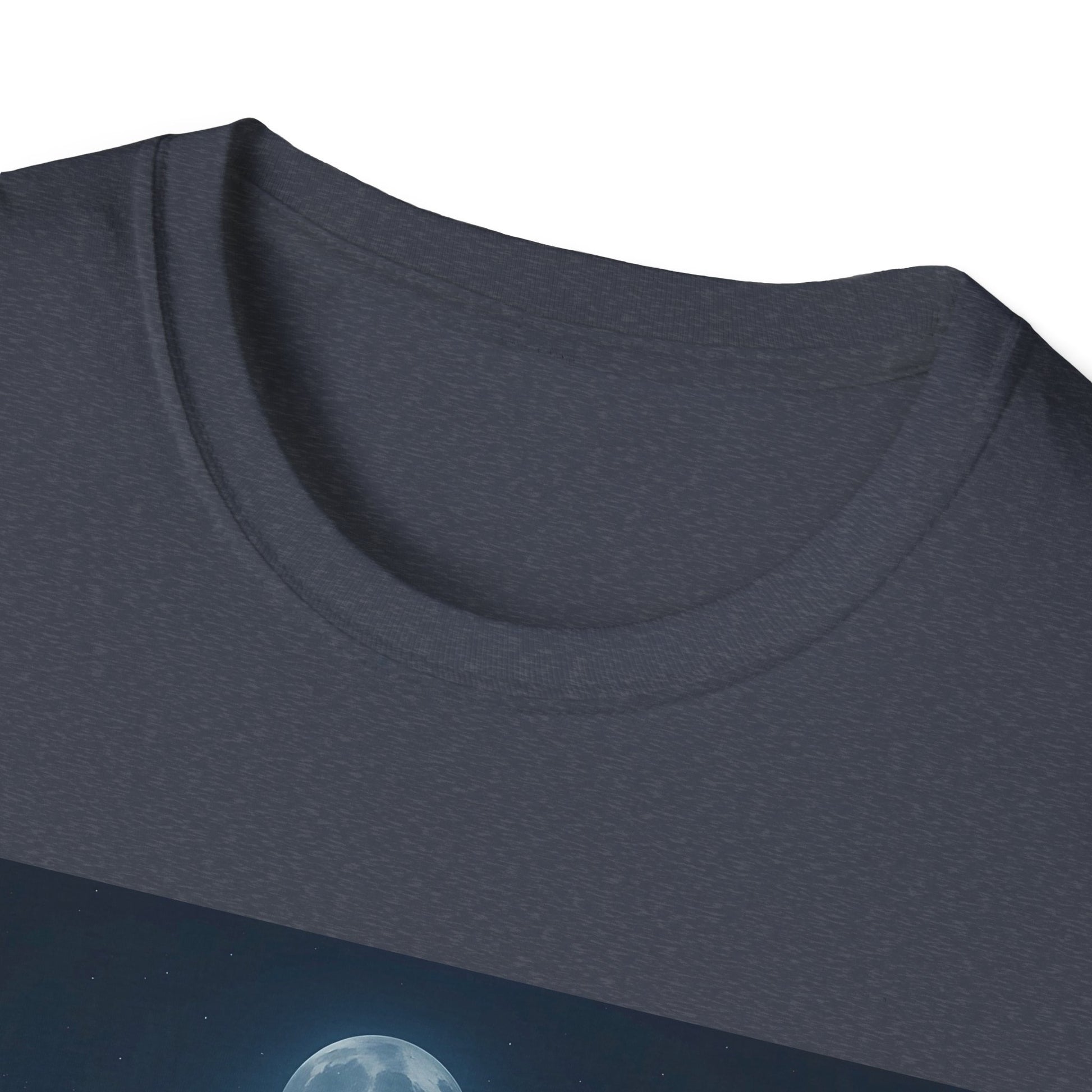 Close-up of a dark gray heather crew-neck T-shirt, revealing soft knit fabric and rounded neckline.