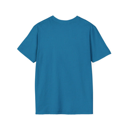 Back view of a solid teal blue short-sleeve T-shirt with a crew neckline.