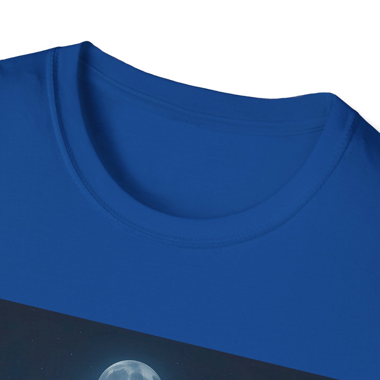 Blue crew-neck t-shirt neckline with visible stitching and ribbed collar.