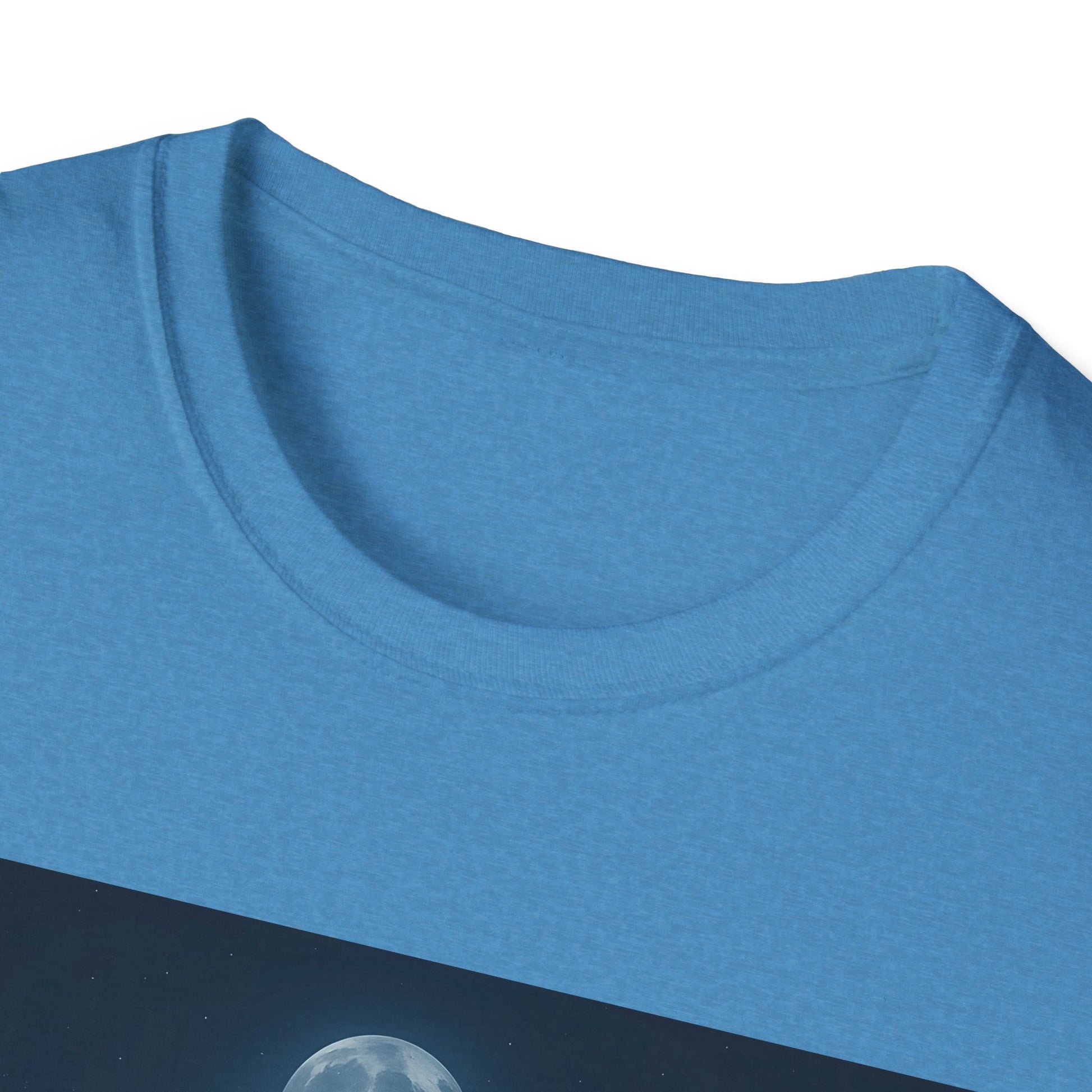 Close-up of a blue crew-neck T-shirt showing the neckline and fabric texture.