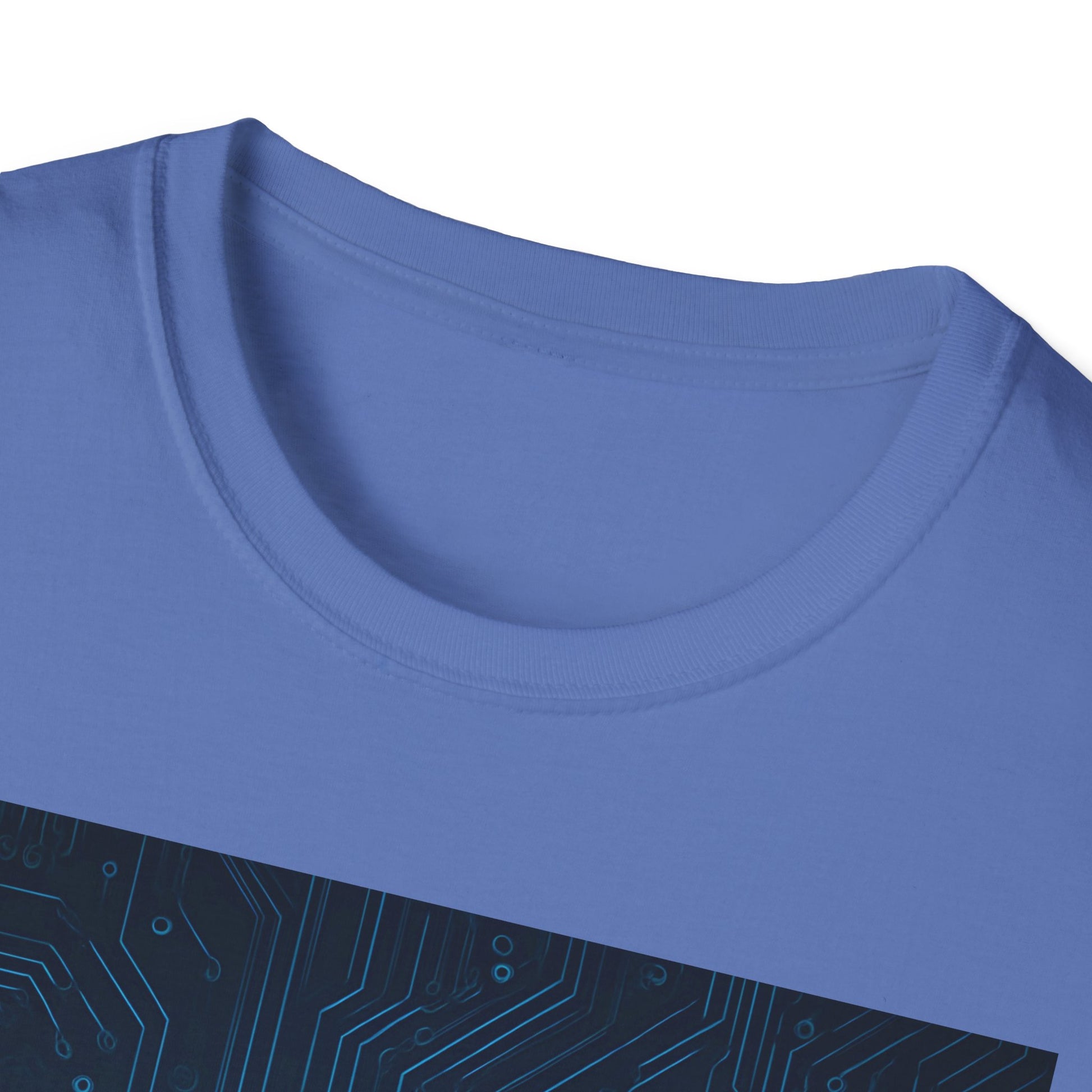 Blue crew-neck T-shirt with a dark circuit-board pattern along a diagonal bottom band.