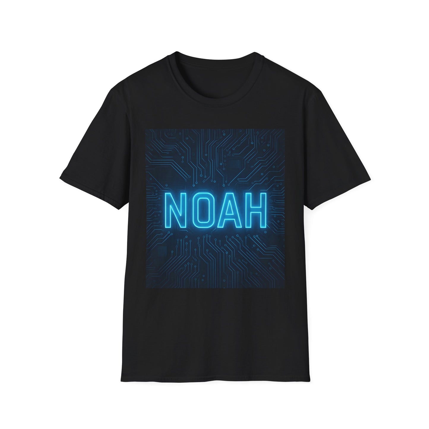 Black short-sleeve T-shirt featuring a blue neon NOAH logo over a dark blue circuit-board pattern.