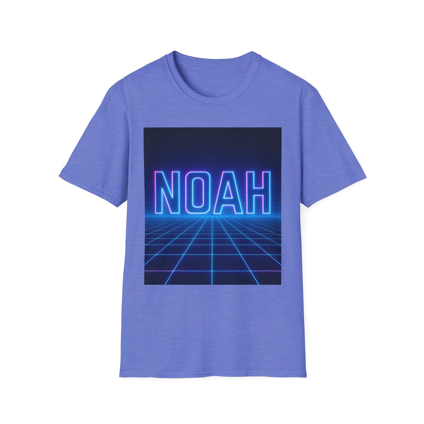 Blue short-sleeve t-shirt with a neon NOAH graphic on a dark square background featuring a grid pattern.