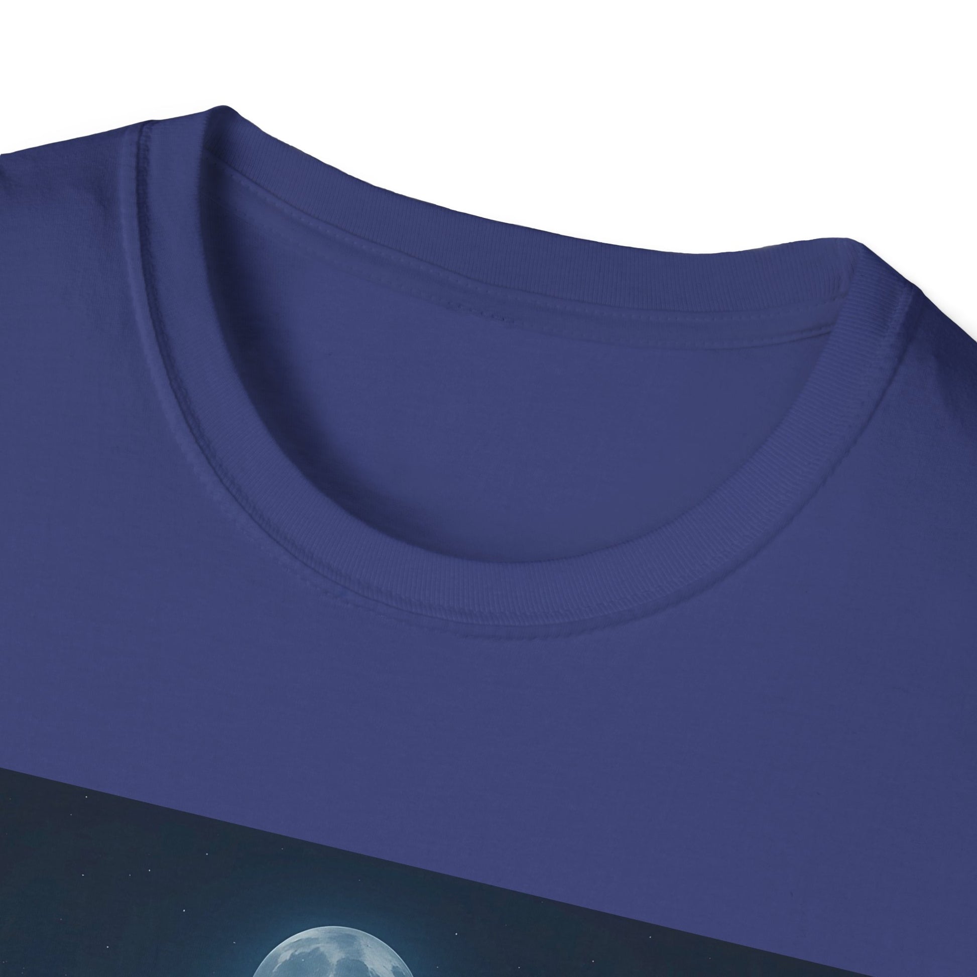Close-up of a royal purple crew-neck T-shirt with a printed space/moon graphic at the bottom edge.