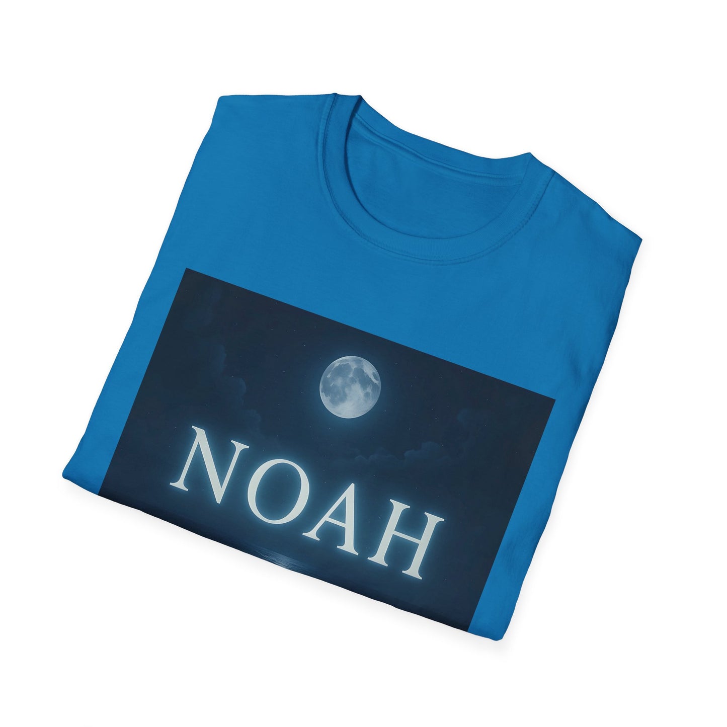 Blue short-sleeve T-shirt with a dark rectangular graphic showing a full moon and the word NOAH in white.