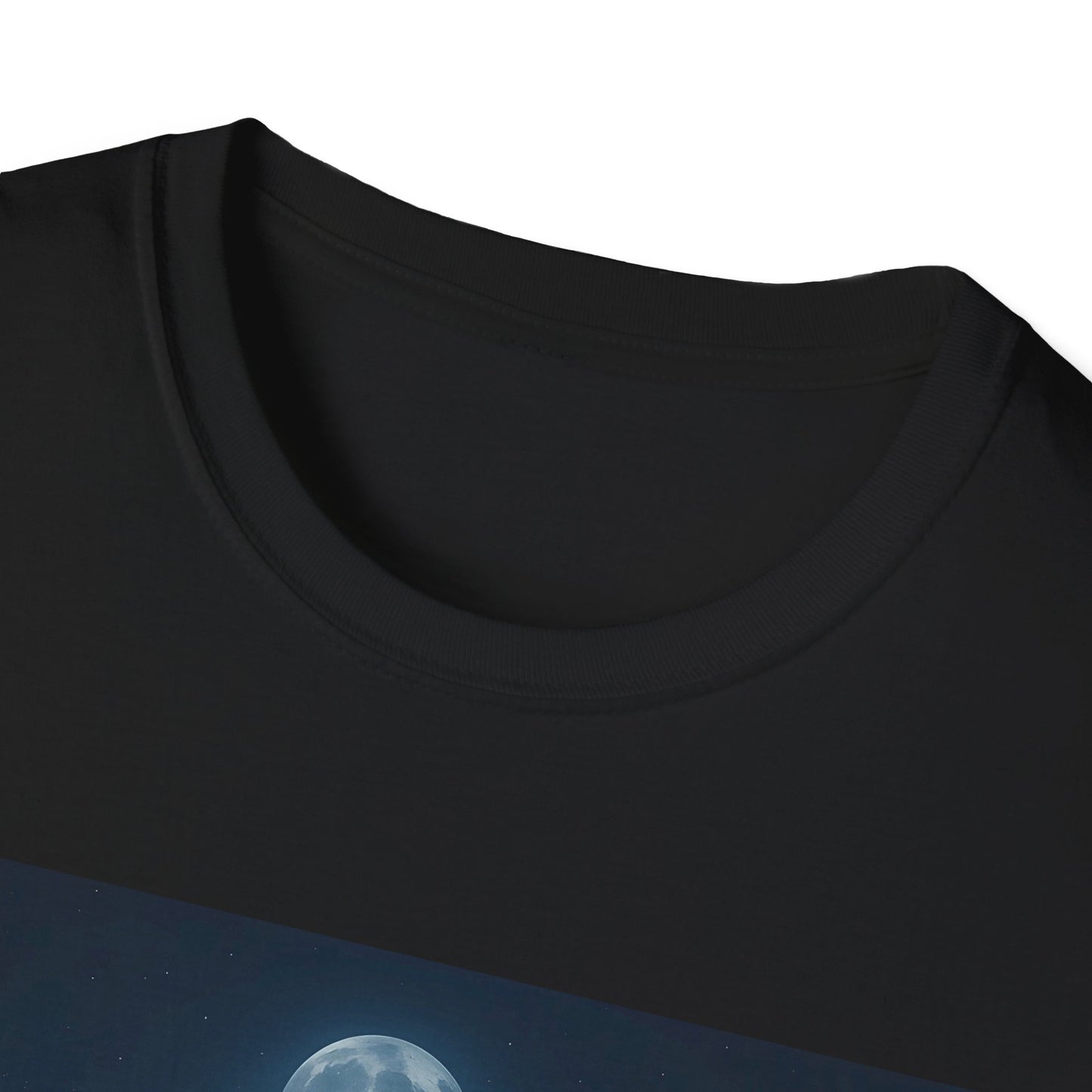 Black crew-neck T-shirt with a blue space-themed graphic depicting the Moon along the bottom edge.