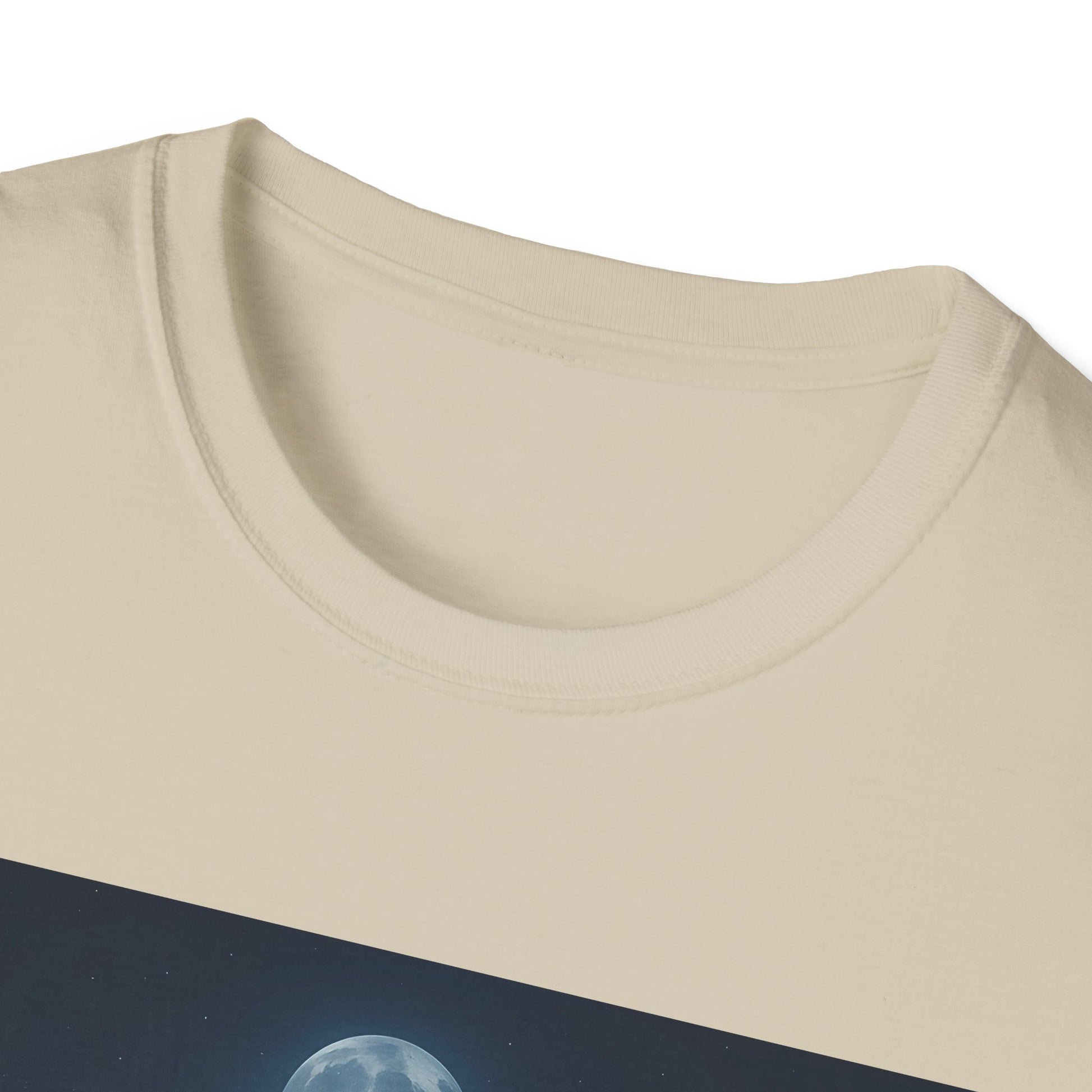 Beige crew-neck T-shirt with a dark blue space graphic and a visible Moon along the bottom edge.